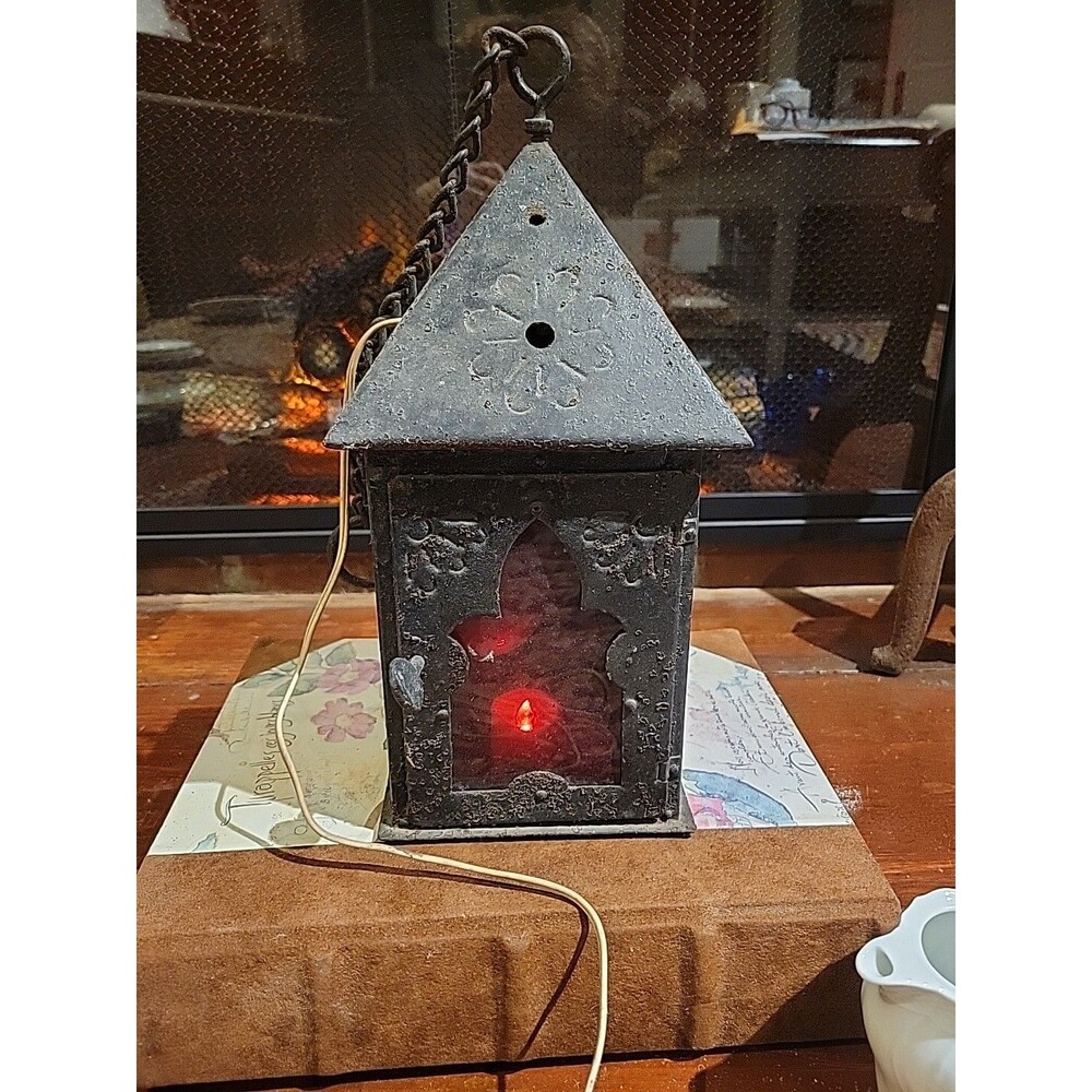 Vtg Primitive Farmhouse Red Glass Black Metal Hanging Lantern Early American 13"